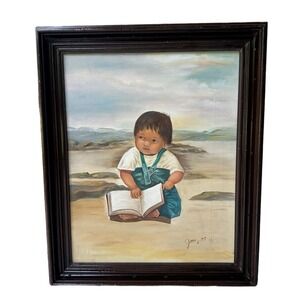 VTG 1977 Original Oil Painting 20x24 Inch Baby Boy Book Reading Sitting Signed